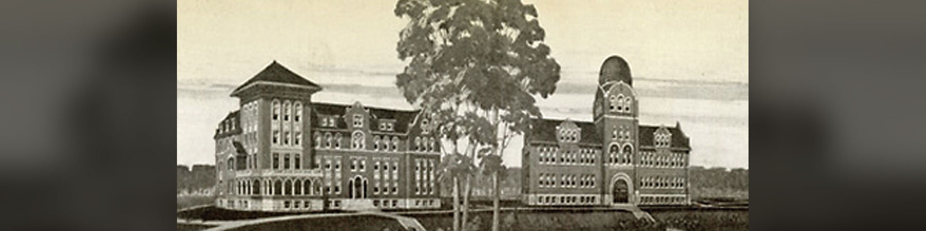 A sepia toned rendering of Loyola University Chicago in the early years of its history.