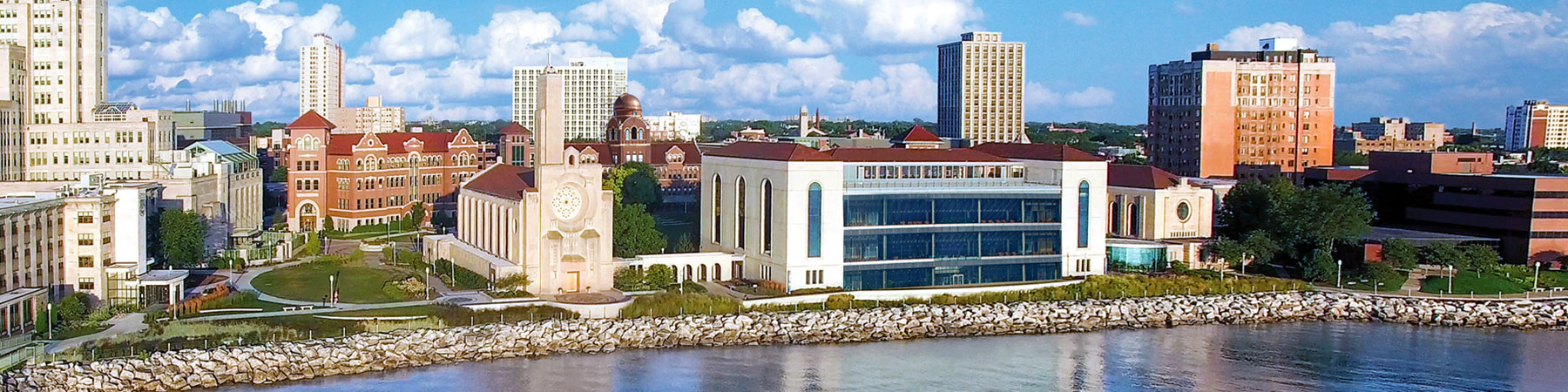 Aerial shot of Lakeshore Campus with a view of Lake Michigan