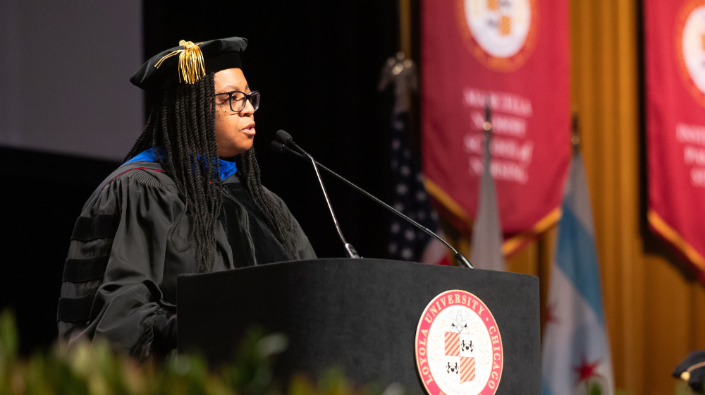 Dean Newell providing remarks at the 2024 commencement ceremony