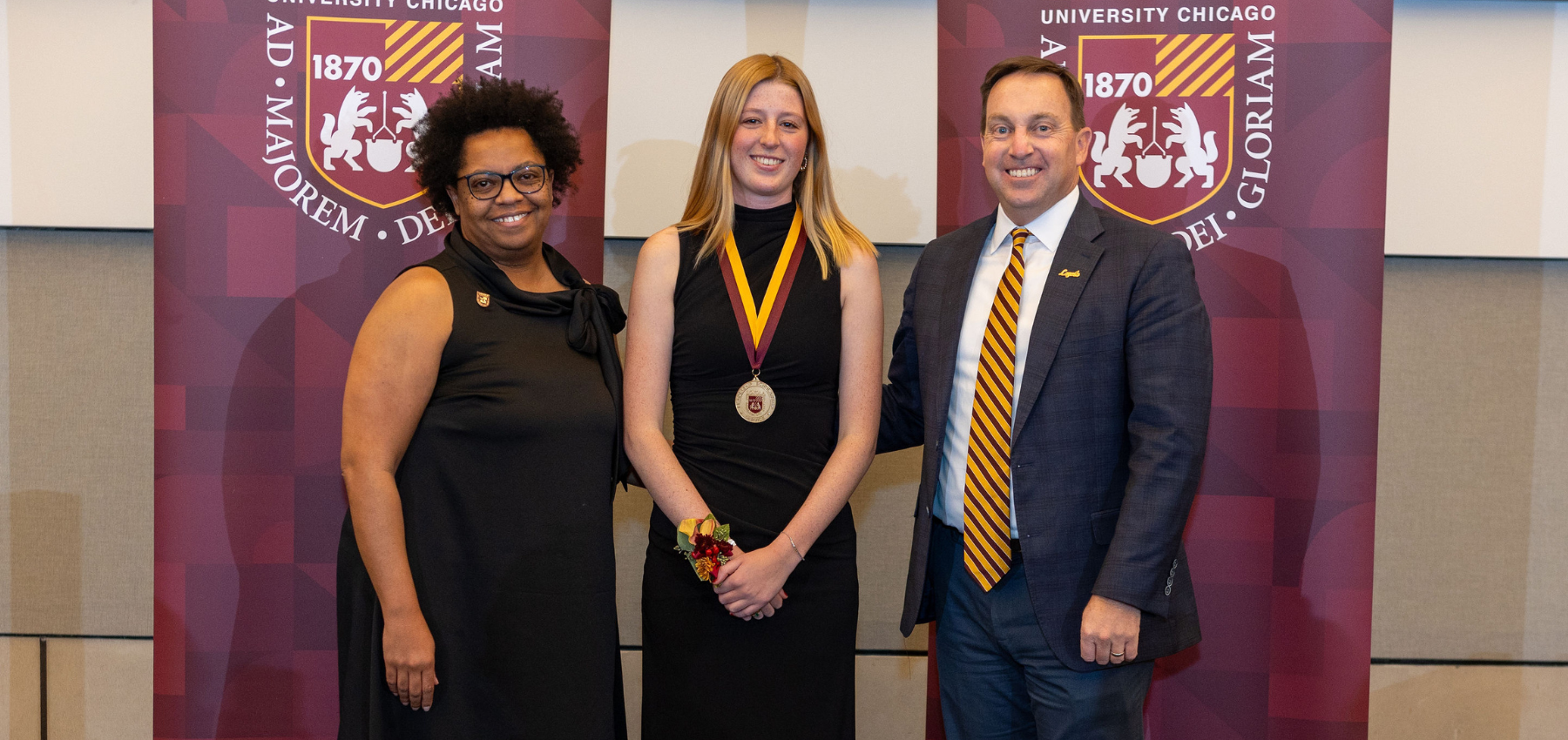 Maeve Donlin, President's Medallion recipient, with Dean and President