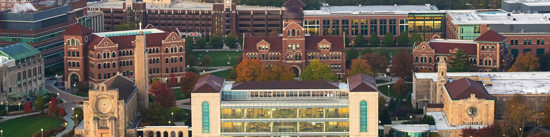 Aerial view of Loyola's Lake Shore Campus during the fall.