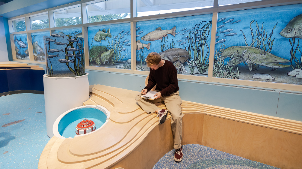 A student takes notes inside an exhibit at the Peggy Notebaert Nature Museum.