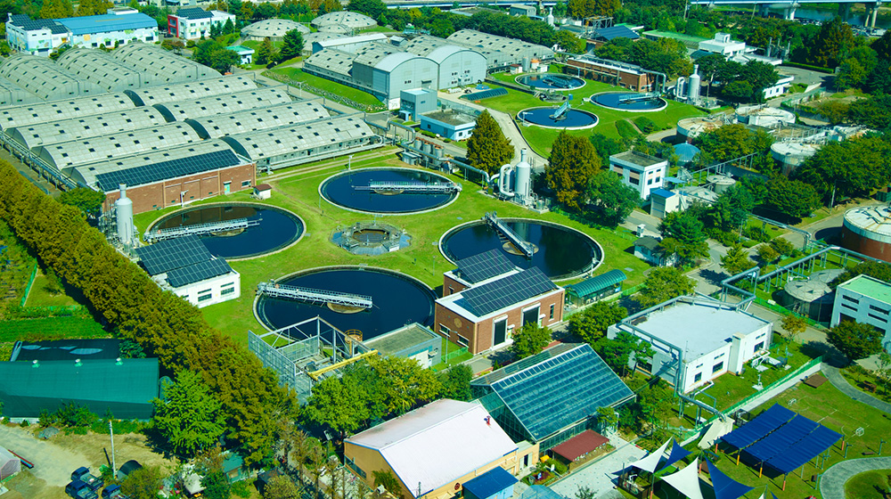 An aerial perspective of a water treatment processing facility.