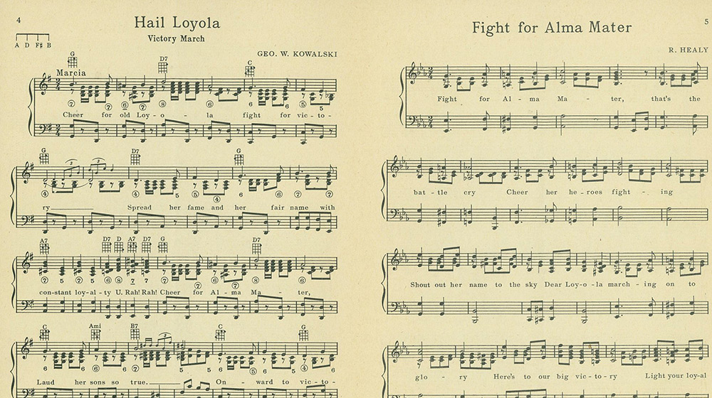 An image of the sheet music for the Loyola University Chicago fight song