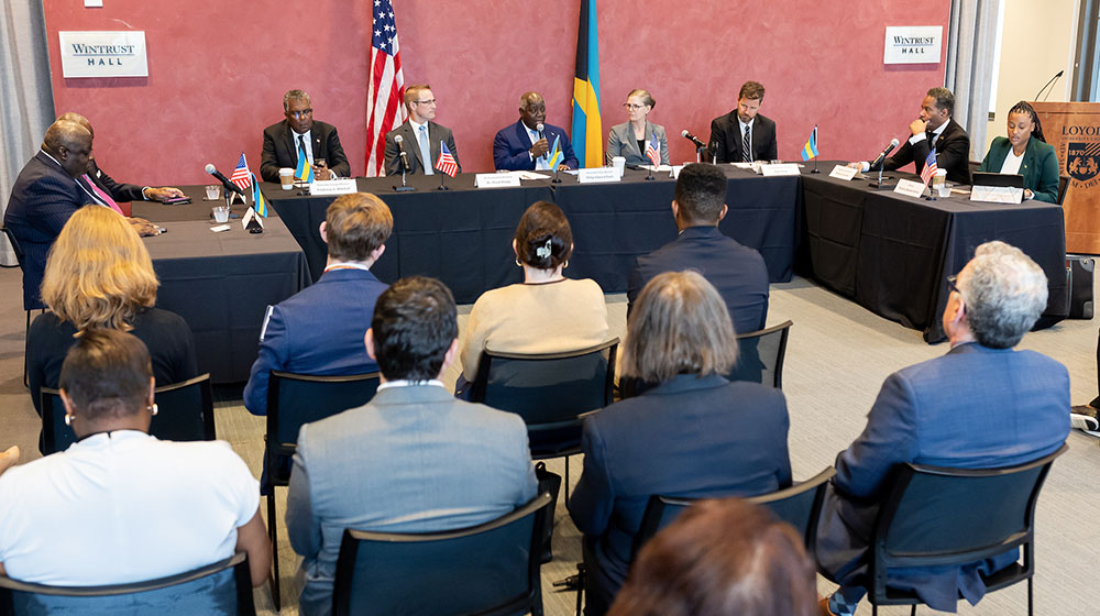 The Prime Minister of the Bahamas speaks to Loyola students, faculty, and staff.