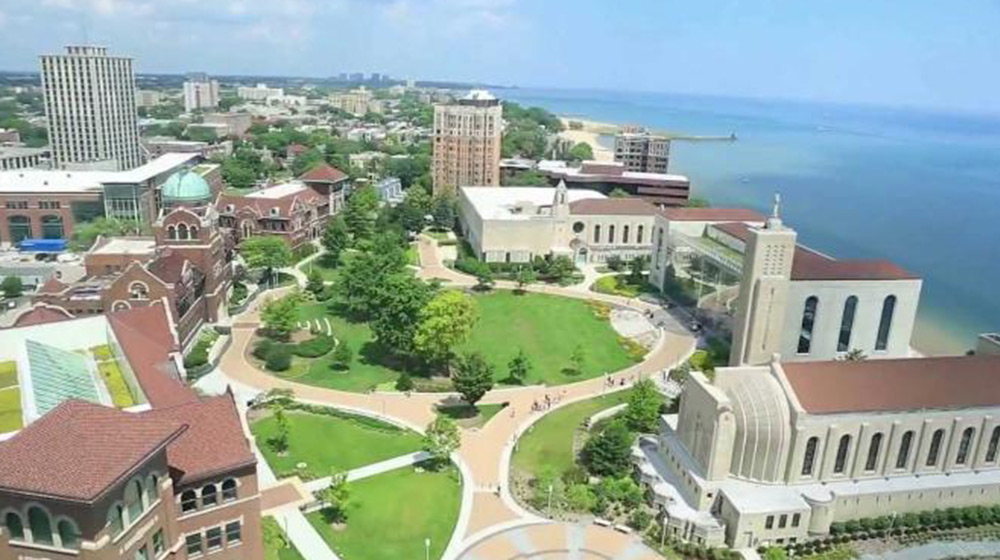 Loyola University Chicago lakeshore campus from a high up perspective overlooking the main quad