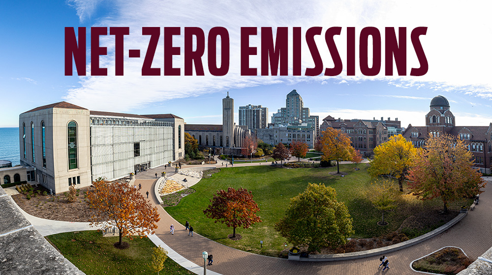 Net-zero emissions text over image of lake shore campus