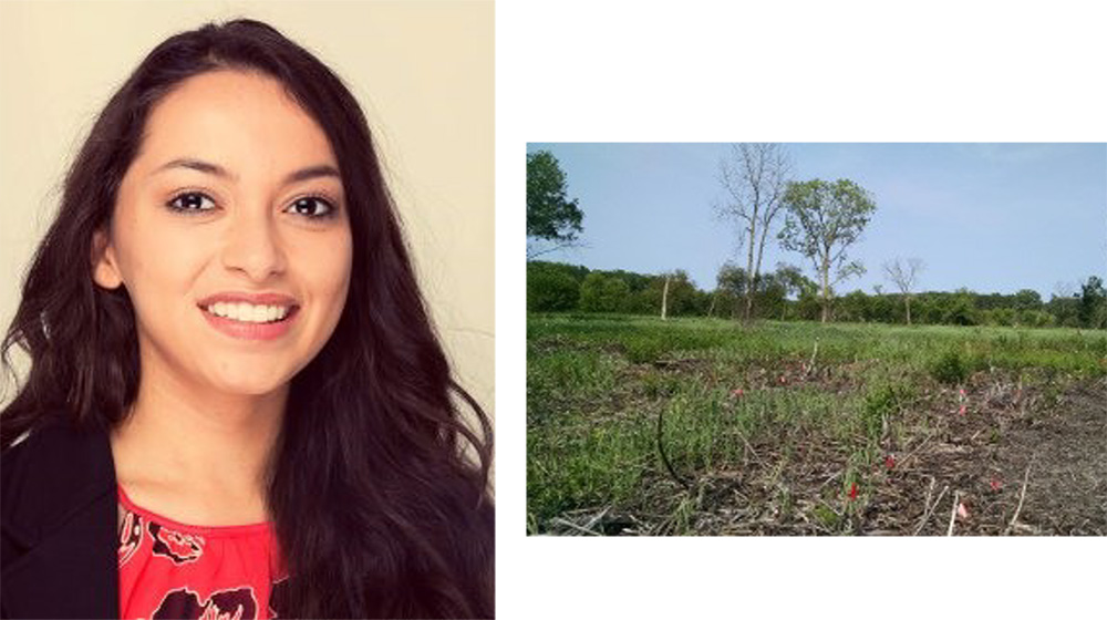 Rivera (left) next to an image from the restoration site she worked on at LUREC.