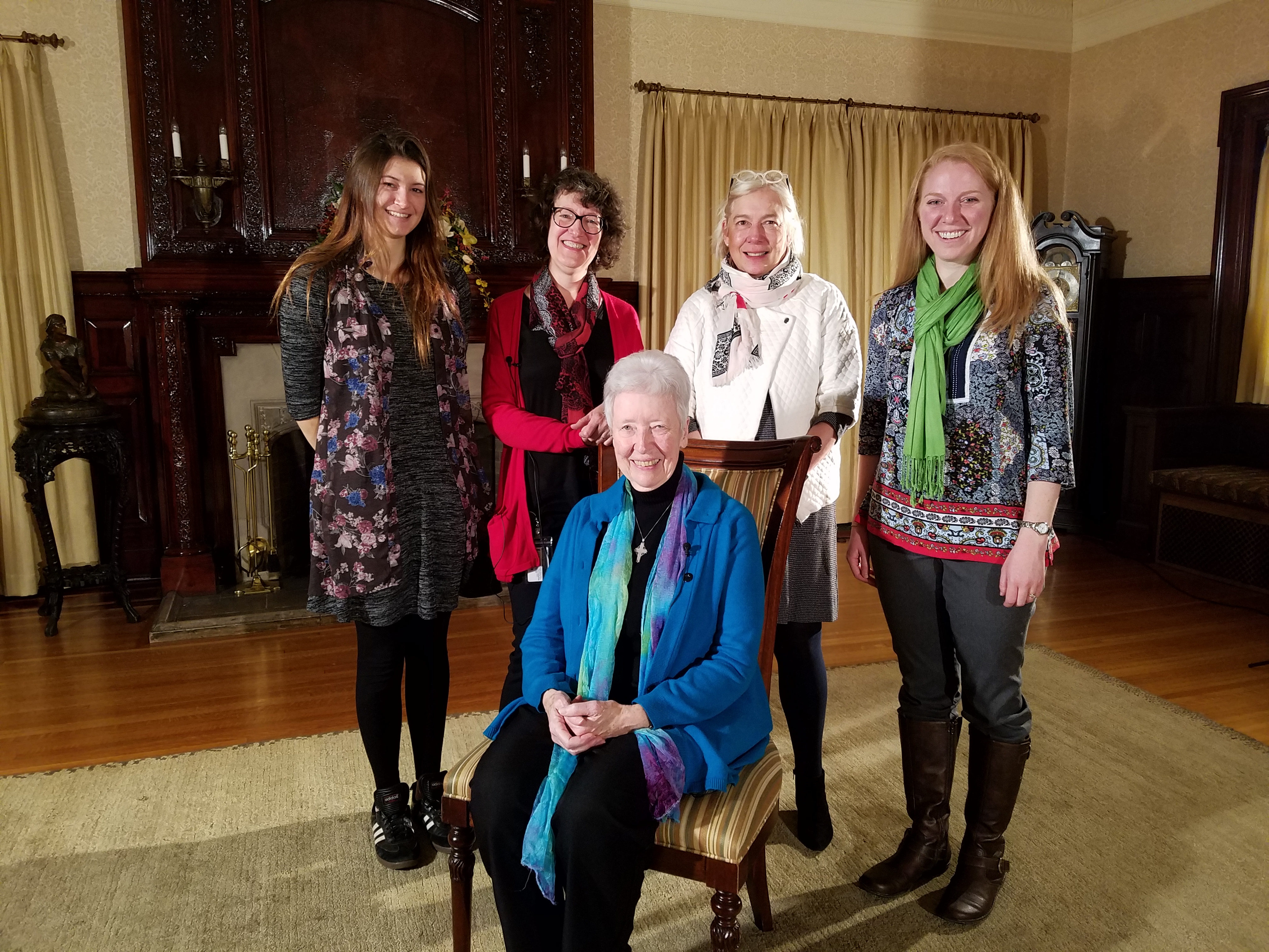 Photo from oral history interview with Patsy Crowley in 2018. Pictured left to right: Corinne Chapman, Nancy Freeman (Director, Women and Leadership Archives), Patricia A. Crowley, OSB [seated], Bren Ortega Murphy, Teresa Neumann.